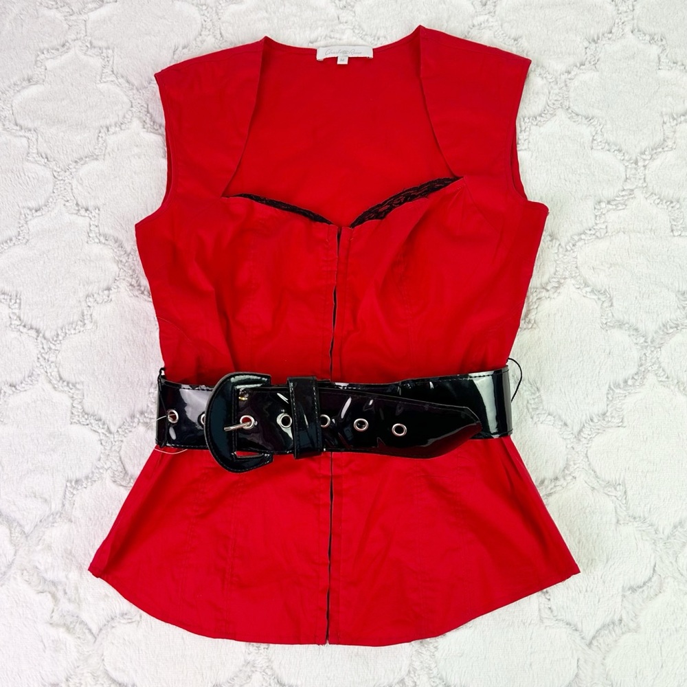Vintage Y2K Red Belted Corset Top Cap Sleeve Lace Trim Size Medium Goth Alt